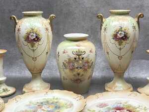 Antique porcelain blush ware including pair of twin-handled vases, pair of candlesticks, plates, etc. - 2