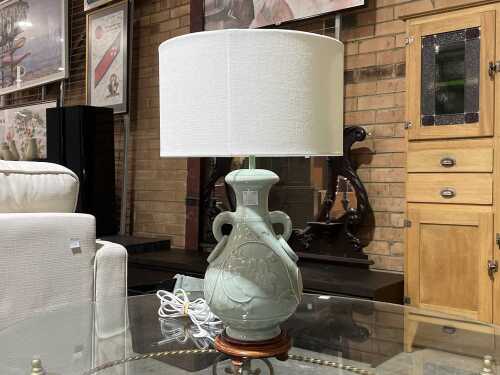 Chinese-style table lamp with green crackle-glazed ceramic base and white shade