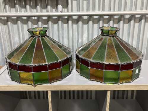 Pair of leadlight pendant shades in red, yellow and green