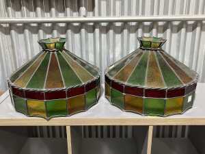 Pair of leadlight pendant shades in red, yellow and green