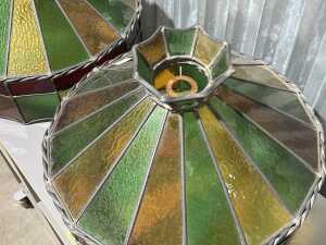 Pair of leadlight pendant shades in red, yellow and green - 3