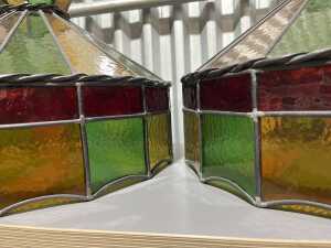 Pair of leadlight pendant shades in red, yellow and green - 4