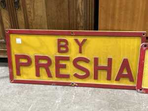 Two yellow and red painted cast metal signs - 2