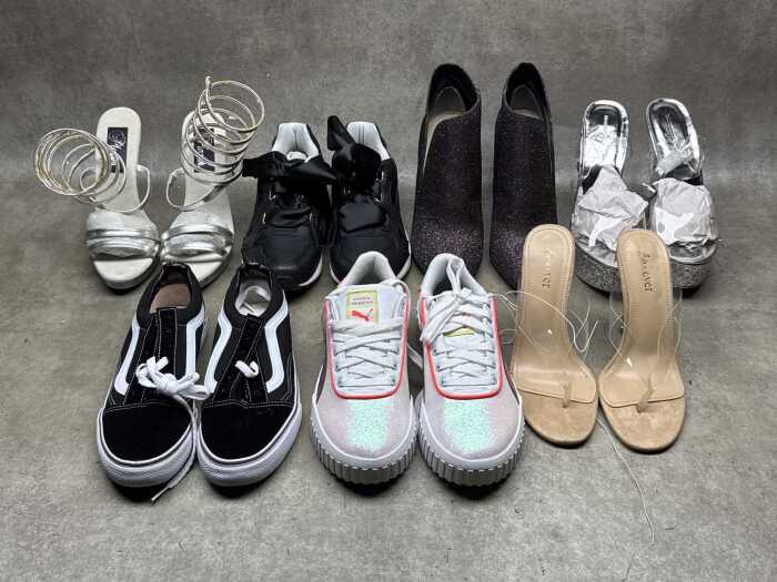 Seven pairs of ladies' casual and evening shoes, including Vans
