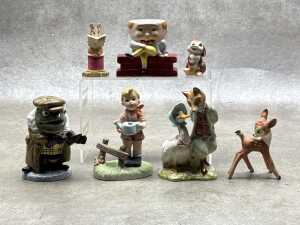 Children's book character ceramic figures, including Wade 'Wind in the Willows' Toad