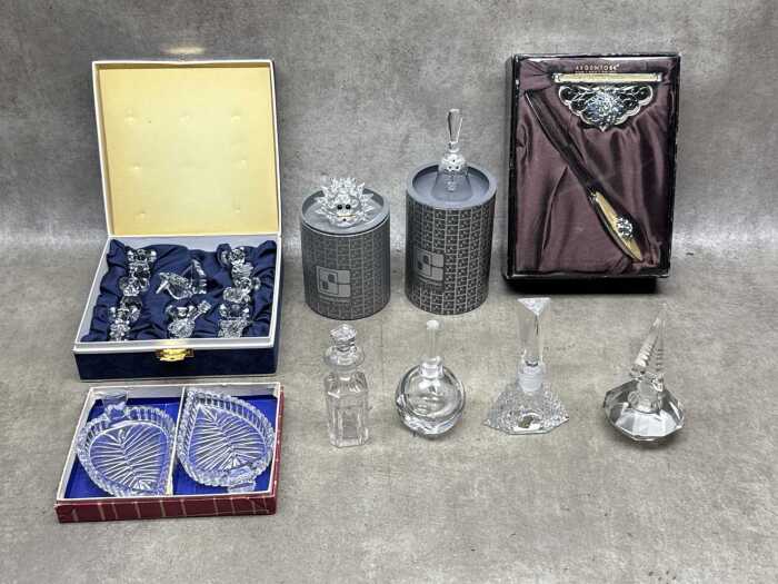 Crystal and glass figures and bottles, including Swarovski