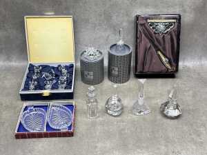 Crystal and glass figures and bottles, including Swarovski