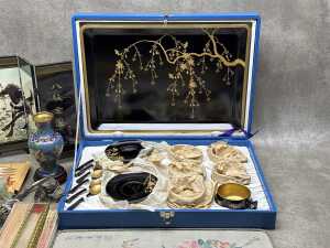Oriental decorative items including carved green stone elephants, cloisonne vases, - 3