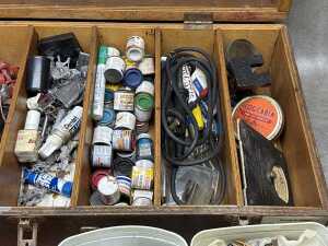Warhammer figurines and hobbyist figure-making tools in timber box. - 2