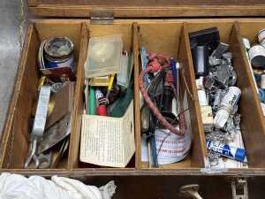 Warhammer figurines and hobbyist figure-making tools in timber box. - 3