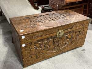 Carved camphor timber chest - 2