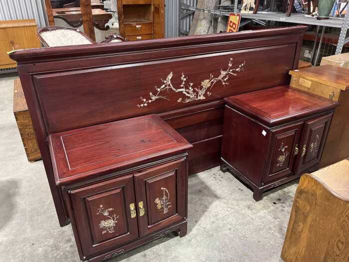 Chinese Rosewood pair of bedsides and matching bedhead