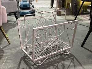 Mid-century metal magazine rack in white