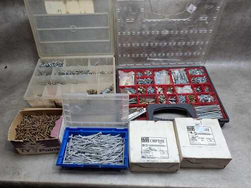 Assorted screws, nails and bolts in carry cases