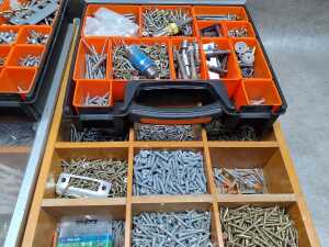 Four tool organisers filled with assorted screws, wall plugs, and bolts - 3