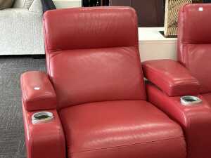 Set of three red electric leather home theatre recliners with cup holders - 2