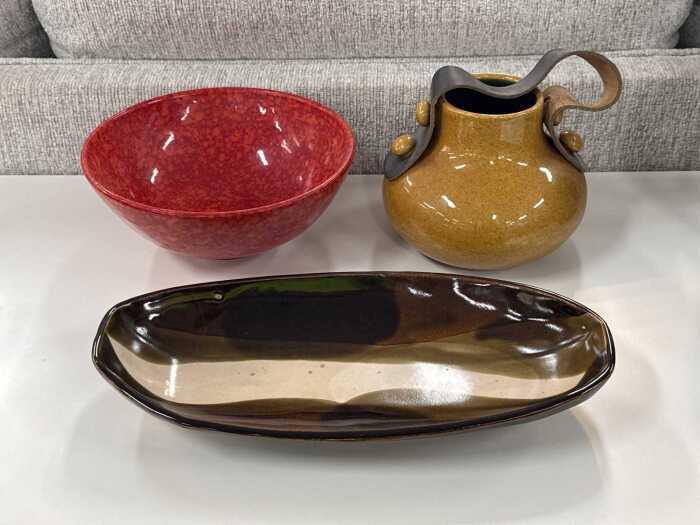Three mid-century colourful ceramic pieces