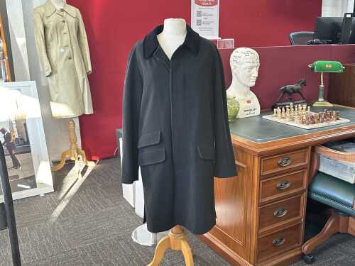 Designer-style black wool coat with velvet collar