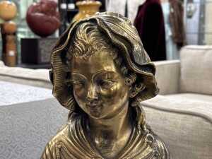Brass-style bust of a girl wearing a bonnet - 2