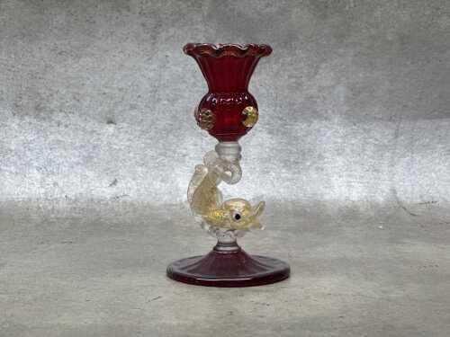 Murano ruby red and gold-flecked fish candlestick