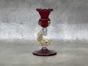 Murano ruby red and gold-flecked fish candlestick