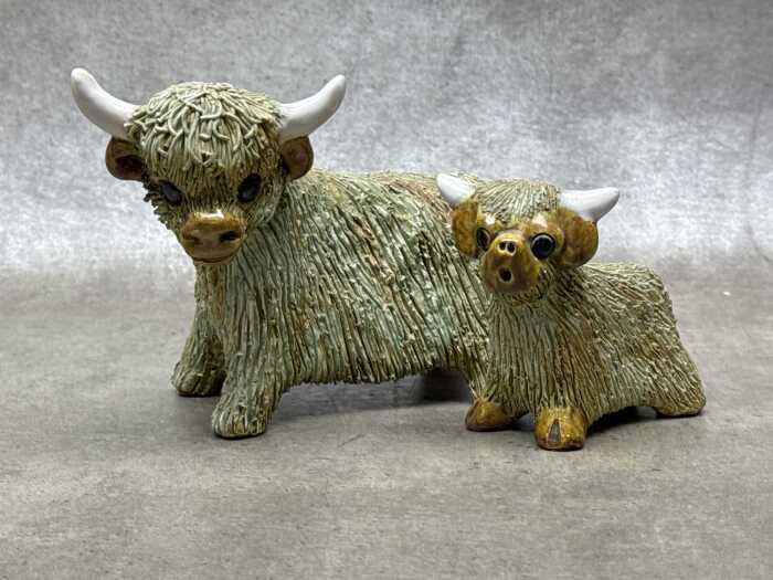Yare Pottery mid-century spaghetti ceramic highland cow and calf figures
