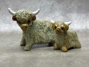 Yare Pottery mid-century spaghetti ceramic highland cow and calf figures