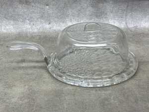 Early glass cheese platter with handle and domed lid