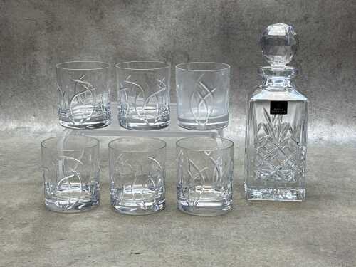 Six Royal Doulton whisky tumblers, together with a decanter