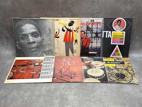Eight Jazz, Folk and Calypso vinyl records, including Dizzy Gillespie