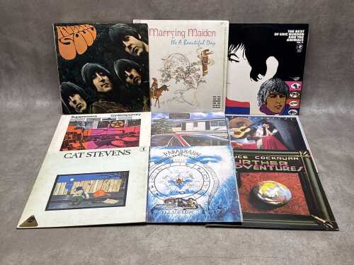 Nine Rock and Pop vinyl records, including The Beatles 'Rubber Soul'