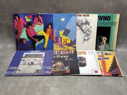 Eight Rock vinyl records, including The Rolling Stones