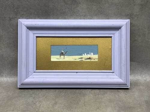 Artist unknown, camel in the desert. Gouache painting on board