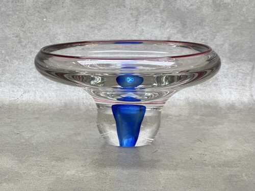 Kosta Boda art glass bowl with red rim and submerged blue glass base