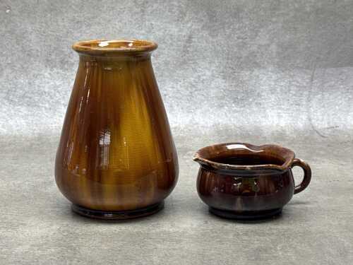 Two vintage H. M. Hugh drip glaze pottery pieces