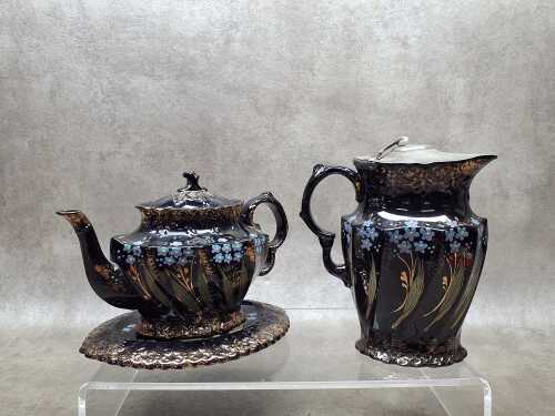 Antique Jackfield lead glazed pottery teapot with trivet and jug