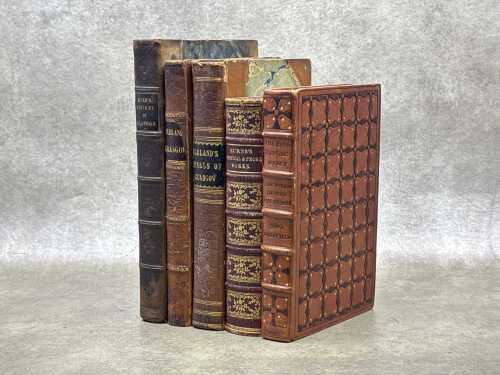 Five antique leatherbound books, mostly Scottish