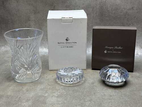 Two Royal Doulton crystal homewares, boxed