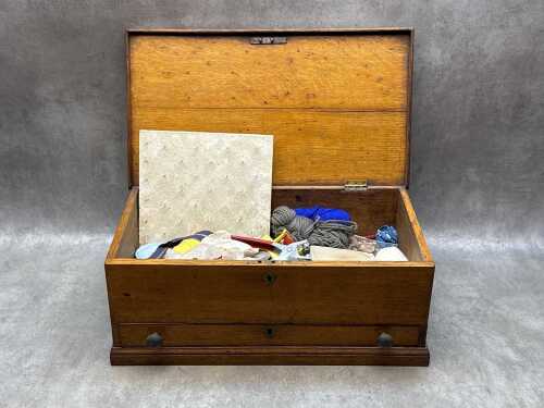 Antique oak sewing box with side handles and bottom draw
