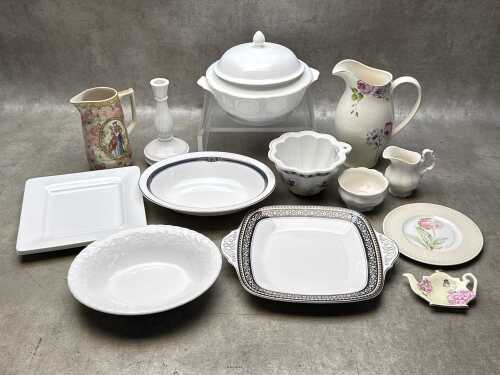 Contemporary porcelain servingware, including Wedgwood and Villeroy and Boch