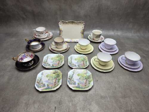 Nine porcelain trios and duos, including Paragon and Tuscan