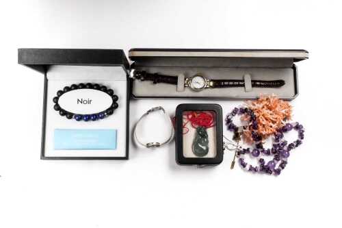 A collection of jewellery and two watches