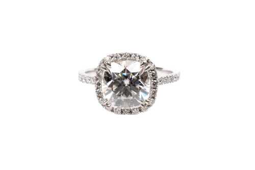 A Georgini cushion halo moissanite ring in 9 carat white gold