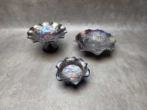 Cobalt blue and amethyst Carnival glass pieces