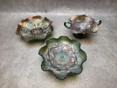 Three green Carnival glass pieces