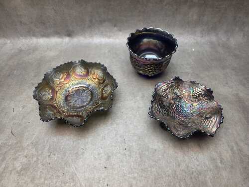 Three cobalt blue Carnival glass pieces