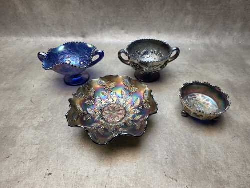 Four cobalt blue Carnival glass pieces
