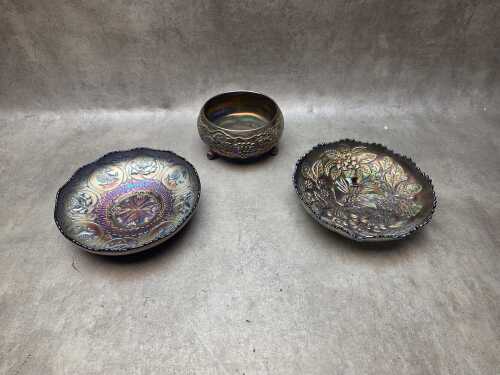Three cobalt blue Carnival glass pieces