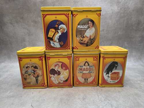 Set of six Maggi storage tins