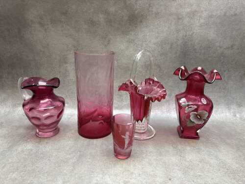 Five cranberry glass pieces